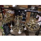 THREE BRASS AND CUT-GLASS CHANDELIERS