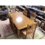 MODERN WOODEN DINING TABLE WITH SIX RUSH SEATED MATCHING CHAIRS, 180 X 90CM