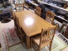 MODERN WOODEN DINING TABLE WITH SIX RUSH SEATED MATCHING CHAIRS, 180 X 90CM