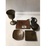 METALWARE ITEMS POWDER FLASK, REVERSE WRITING ON COPPER AND WW1 CIGARETTE CASE AND MORE