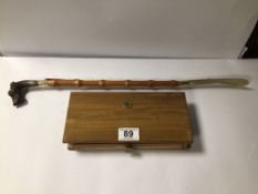 VINTAGE CASED BRASS JEWELLER'S SCALES WITH A CANE SHOE HORN DECORATED WITH A TERRIER DOGSHEAD