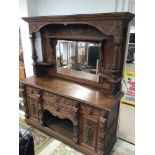 LARGE ANTIQUE FRENCH OAK DRESSER CARVED GOTHIC PANELS, 210 X184CM, COMES IN TWO PIECES