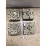 FOUR CONCRETE CARVED FLOWERS, PLAQUES, 15CM