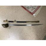 REPRODUCTION FRENCH CAVALRY OFFICERS SWORD 19TH CENTURY ENGRAVING TO BLADE WITH LEATHER AND BRASS