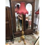 VINTAGE WOODEN GILDED STANDARD LAMP ON PEDESTAL LEGS WITH A VINTAGE SILK SHADE, 190CM