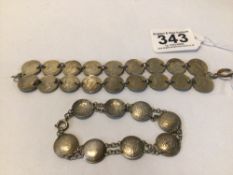 TWO SILVER COIN BRACELETS, 42G