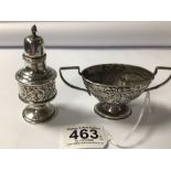 TWO HALLMARKED SILVER ITEMS, PEPPERPOT 9.5CM 1905 BY WILLIAM AITKEN, WITH A SMALL TWIN HANDLE BOWL
