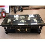 CHINOISERIE BLACK LACQUERED COFFEE TABLE, MOTHER OF PEARL INLAY, STORAGE UNDERNEATH FOUR DRAWERS