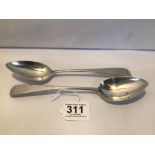 A PAIR OF GEORGE III SCOTTISH HALLMARKED SILVER TABLESPOONS, 23CM, 133G G&MC, EDINBURGH 1802