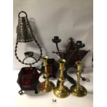 MIXED VINTAGE METAL AND BRASS CANDLESTICKS AND LANTERNS. INCLUDES ERIC DALMAS IRON CANDLE HOLDER/