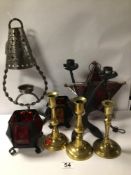 MIXED VINTAGE METAL AND BRASS CANDLESTICKS AND LANTERNS. INCLUDES ERIC DALMAS IRON CANDLE HOLDER/