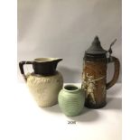 THREE MIXED POTTERY ITEMS, ONE A/F, INCLUDES LOVATTS VASE, WEST GERMAN LIDDED BEER STEIN, AND A
