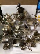 LARGE COLLECTION OF SILVER-PLATED AND WHITE METAL ITEMS. INCLUDES TRAYS, FLATWARE, POTS/KETTLES, AND