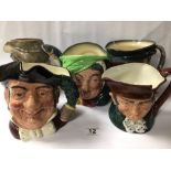 FIVE ROYAL DOULTON CHARACTER MUGS, THE LARGEST 18CM, OLD CHARLEY, MINE HOST, THE POACHER, AND MORE