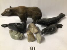 SMALL COLLECTION OF INUIT ALASKA ART SOAPSTONE CARVINGS OF ANIMAL FIGURES. SOME SIGNED, LEO