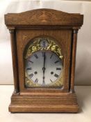 DOUBLE FUSEE BRACKET CLOCK LIGHT MAHOGANY CASED WITH BEVELLED GLASS ON BUN FEET WITH PENDULUM AND