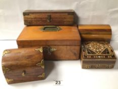 MIXED VINTAGE WOODEN BOXES, JEWELLERY BOX, BRASS BOUND DOME BOX, PARQUETRY BOX AND MORE