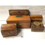 MIXED VINTAGE WOODEN BOXES, JEWELLERY BOX, BRASS BOUND DOME BOX, PARQUETRY BOX AND MORE