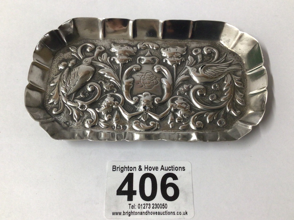 VICTORIAN HALLMARKED SILVER EMBOSSED (DECORATED WITH BIRDS AMONGST FOLIAGE) RECTANGULAR PIN TRAY,