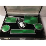 VINTAGE GREEN ENAMEL DRESSING TABLE SET (CASED), CHROMIUM PLATED.