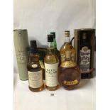 EIGHT BOTTLES OF WHISKY, DIMPLE, GLEN STRUAN, HARRODS, GLENFOYLE, FINLAGGAN, JAMES BUCHANAN,