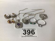 925 SILVER, WHITE AND YELLOW METAL ITEMS, EARRINGS, RINGS NECKLACES