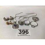 925 SILVER, WHITE AND YELLOW METAL ITEMS, EARRINGS, RINGS NECKLACES