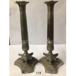 PAIR OF SILVER-PLATED CANDLESTICKS, 36CM