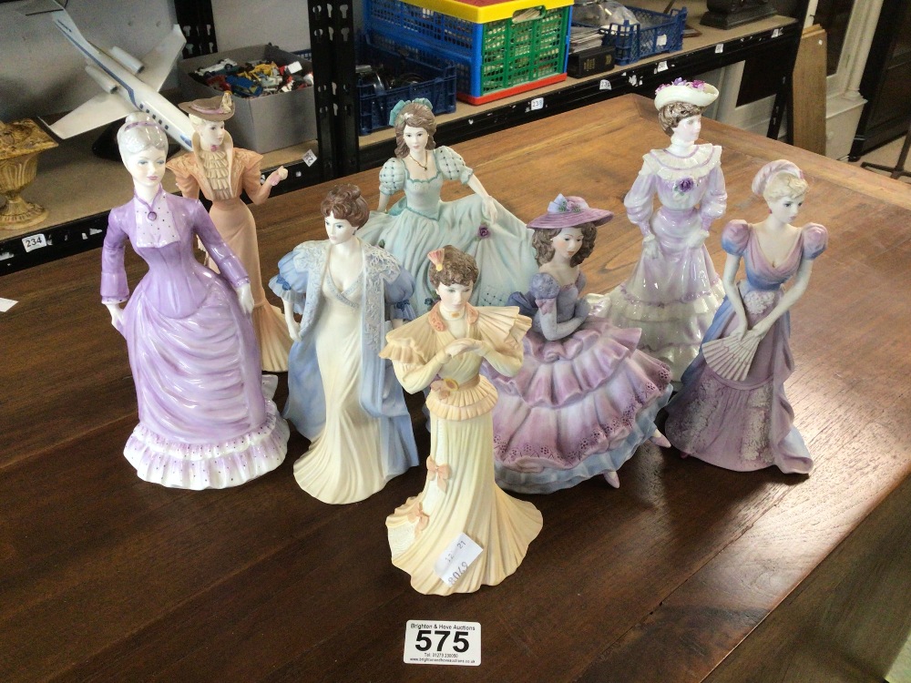 EIGHT COALPORT FIGURINES, LOUISA AT ASCOT, BEATRICE, PATIENCE ON THE BALCONY, CONSTANCE, COVENT