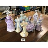 EIGHT COALPORT FIGURINES, LOUISA AT ASCOT, BEATRICE, PATIENCE ON THE BALCONY, CONSTANCE, COVENT