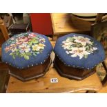 TWO VICTORIAN FOOTSTOOLS ON BUN FEET WITH TAPESTRY TOPS OCTAGONAL SHAPED