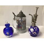 VINTAGE GLASS ATOMISER, GLASS PERFUME BOTTLE, AND A GLASS AND PEWTER STEINE TANKARD