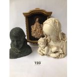A. SANTINI SIGNED BUST OF MADONNA AND CHILD, A BUST CHORISTER, AND A 3D WOODEN GILT WALL HANGING
