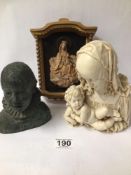 A. SANTINI SIGNED BUST OF MADONNA AND CHILD, A BUST CHORISTER, AND A 3D WOODEN GILT WALL HANGING