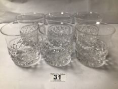 SIX STUART CUT GLASS TUMBLERS WITH A STUART CUT GLASS POSY VASE, 22CM
