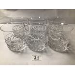 SIX STUART CUT GLASS TUMBLERS WITH A STUART CUT GLASS POSY VASE, 22CM