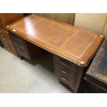 MODERN WOODEN KNEE HOLE WRITING DESK, BROWN LEATHER TOP BY YOUNGER, FURNITURE LONDON WITH SIX