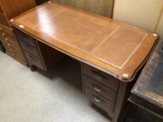 MODERN WOODEN KNEE HOLE WRITING DESK, BROWN LEATHER TOP BY YOUNGER, FURNITURE LONDON WITH SIX