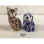 ROYAL CROWN DERBY CAT 13CM WITH A RUSSIAN GZHEL POTTERY DOG, 11CM
