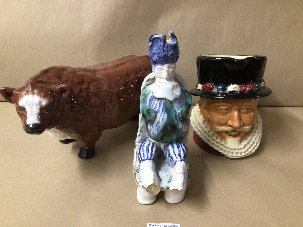 THREE PORCELAIN FIGURES, TWO WITHOUT MARKINGS. LARGE HEREFORD BULL, STAFFORDSHIRE SHORTER - Image 3 of 4