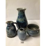 FOUR PIECES OF STUDIO ART POTTERY WITH MARKINGS TO BASE. INCLUDING ONE STAMPED FURSBRECK ORKNEY.