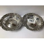 PAIR OF VICTORIAN HALLMARKED SILVER PIERCED AND EMBOSSED CIRCULAR BONBON DISHES, 11CM, CHESTER