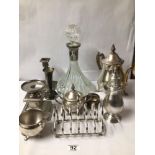 MIXED SILVER PLATE ITEMS, INCLUDES SHIPS CUT GLASS DECANTER WITH SILVER PLATED COLLAR AND MORE