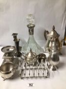 MIXED SILVER PLATE ITEMS, INCLUDES SHIPS CUT GLASS DECANTER WITH SILVER PLATED COLLAR AND MORE