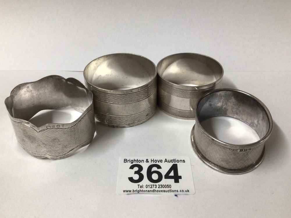 FOUR HALLMARKED SILVER ENGINE TURNED NAPKIN RINGS, 88 GRAMS