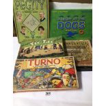 FIVE BOXES OF MIXED VINTAGE BOARD AND PARLOR GAMES. TIC-TAC HORSE RACING, TURNO, PEGITY, AND TWO