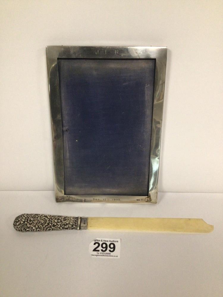 HALLMARKED SILVER PHOTO FRAME DATED 1905, 20.5 X 14CM, WITH A HALLMARKED SILVER PAGE TURNER DATE