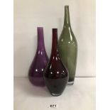 THREE VINTAGE COLOURED GLASS VASES, THE LARGEST 43CM