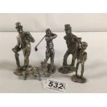 FOUR WHITE METAL FIGURES, GOLFER AND MORE WITH A WHITE METAL DOG, THE LARGEST 10CM