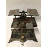 TWO VINTAGE POST OFFICE SCALES, SOME WEIGHTS INCLUDED